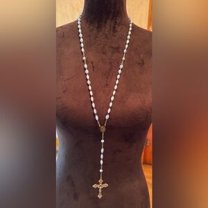 SOLD - Vintage Glass Beaded Rosary w Crucifix / Cross; Periwinkle Filigree Beads